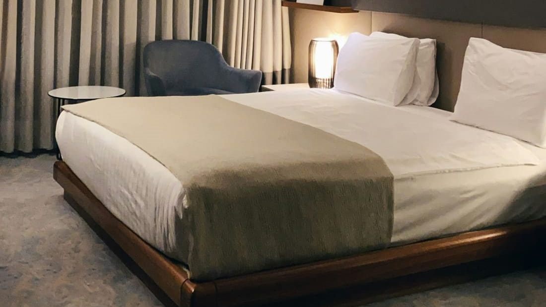 Hotel room with a large bed